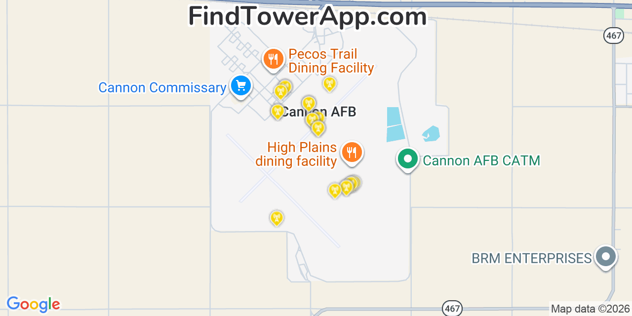Map showing the 20 primary cell tower locations detected in Cannon Air Force Base, New Mexico from AT&T, Verizon, and T-Mobile networks