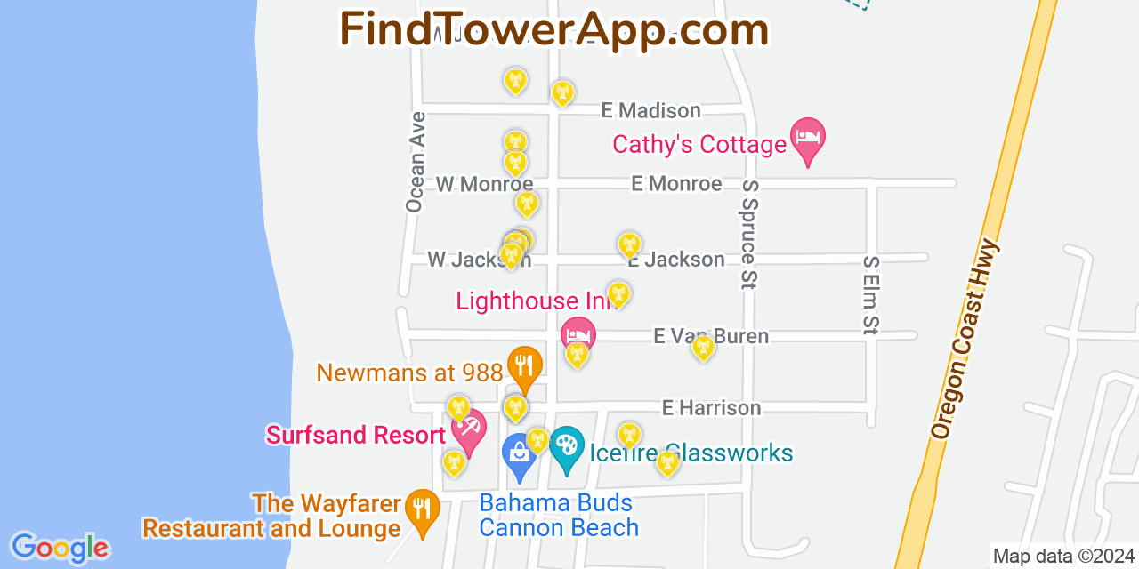 AT&T 4G/5G cell tower coverage map Cannon Beach, Oregon