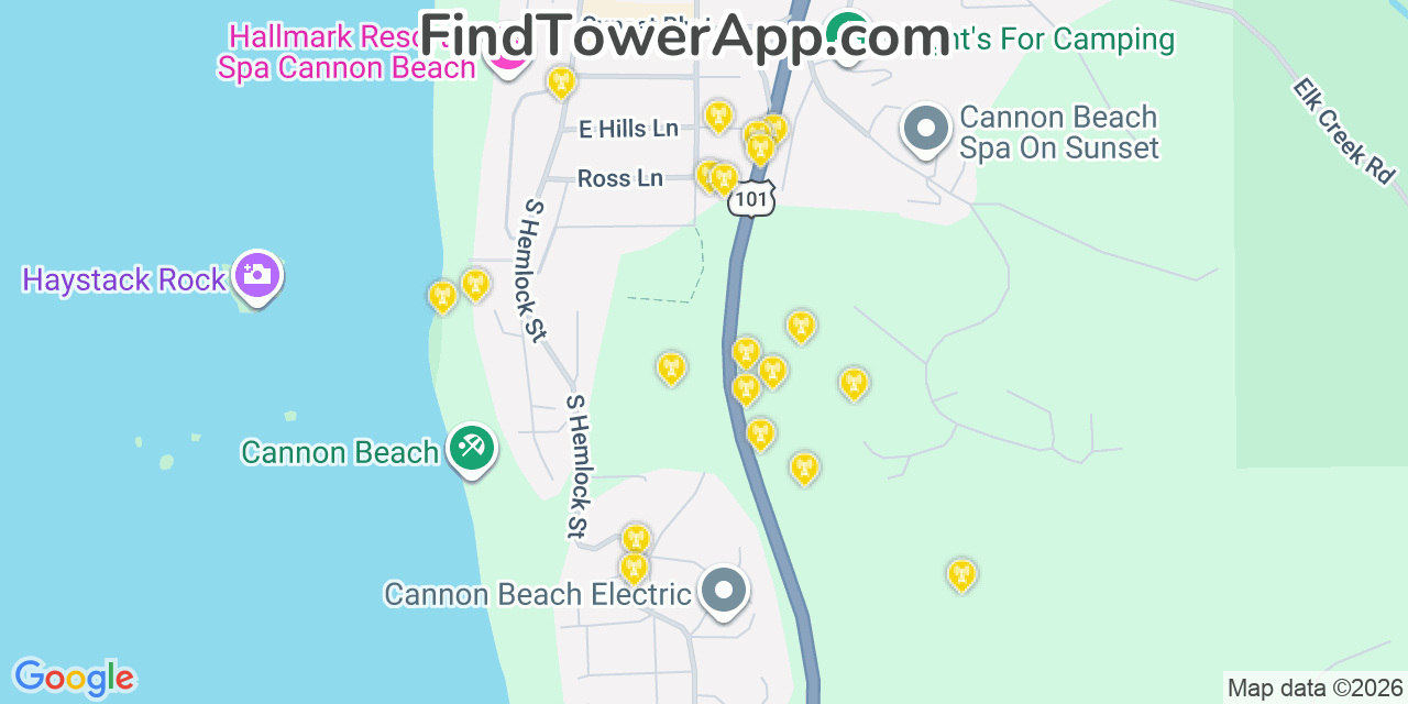 Map showing the 20 primary cell tower locations detected in Cannon Beach, Oregon from AT&T, Verizon, and T-Mobile networks