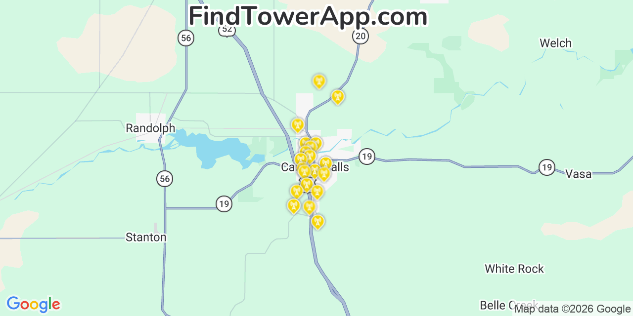 Map showing the 20 primary cell tower locations detected in Cannon Falls, Minnesota from AT&T, Verizon, and T-Mobile networks