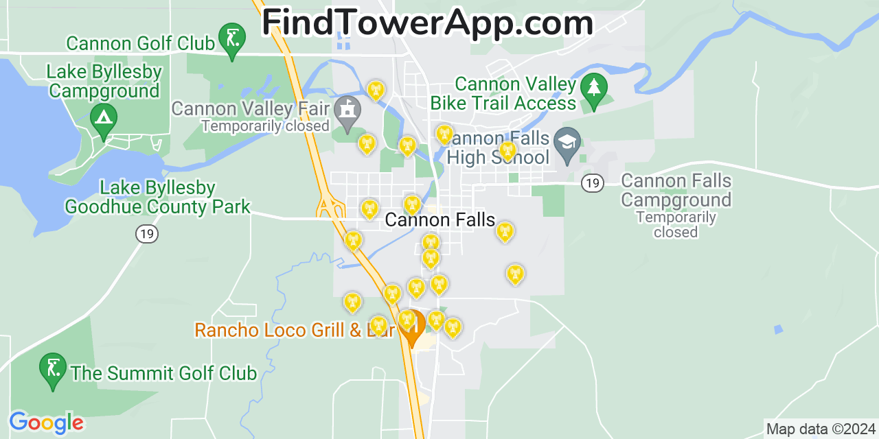 Verizon 4G/5G cell tower coverage map Cannon Falls, Minnesota