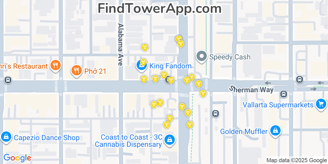 Map showing the 20 primary cell tower locations detected in Canoga Park, California from AT&T, Verizon, and T-Mobile networks