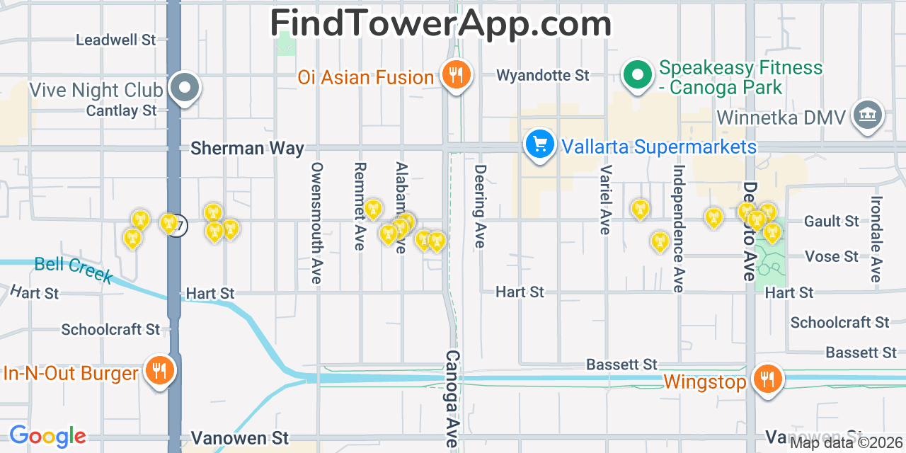 Map showing the 20 primary cell tower locations detected in Canoga Park, California from AT&T, Verizon, and T-Mobile networks