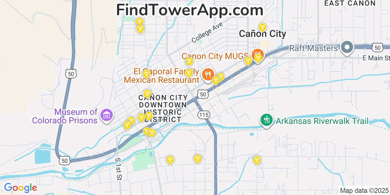 Map showing the 20 primary AT&T cell tower locations detected in Cañon City, Colorado with coverage radius and signal strength indicators