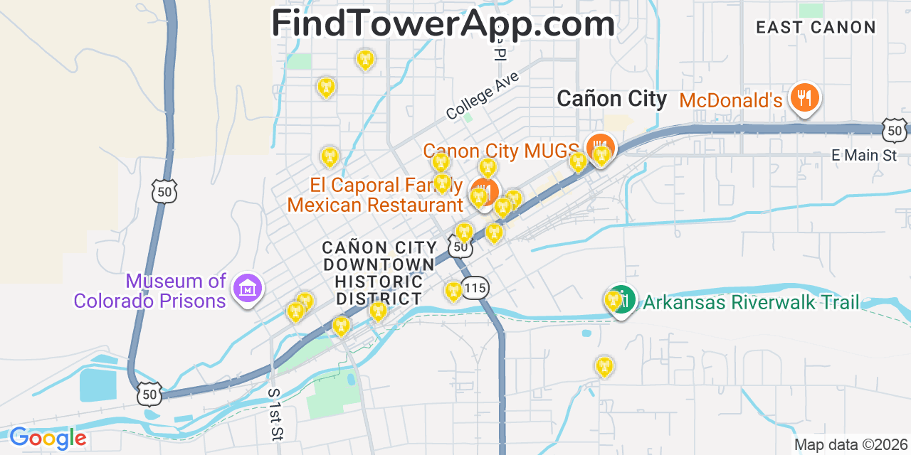 Map showing the 20 primary cell tower locations detected in Cañon City, Colorado from AT&T, Verizon, and T-Mobile networks