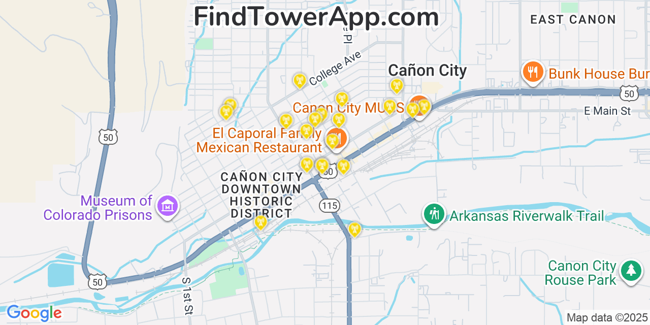 Map showing the 20 primary T-Mobile cell tower locations detected in Cañon City, Colorado with coverage radius and signal strength indicators