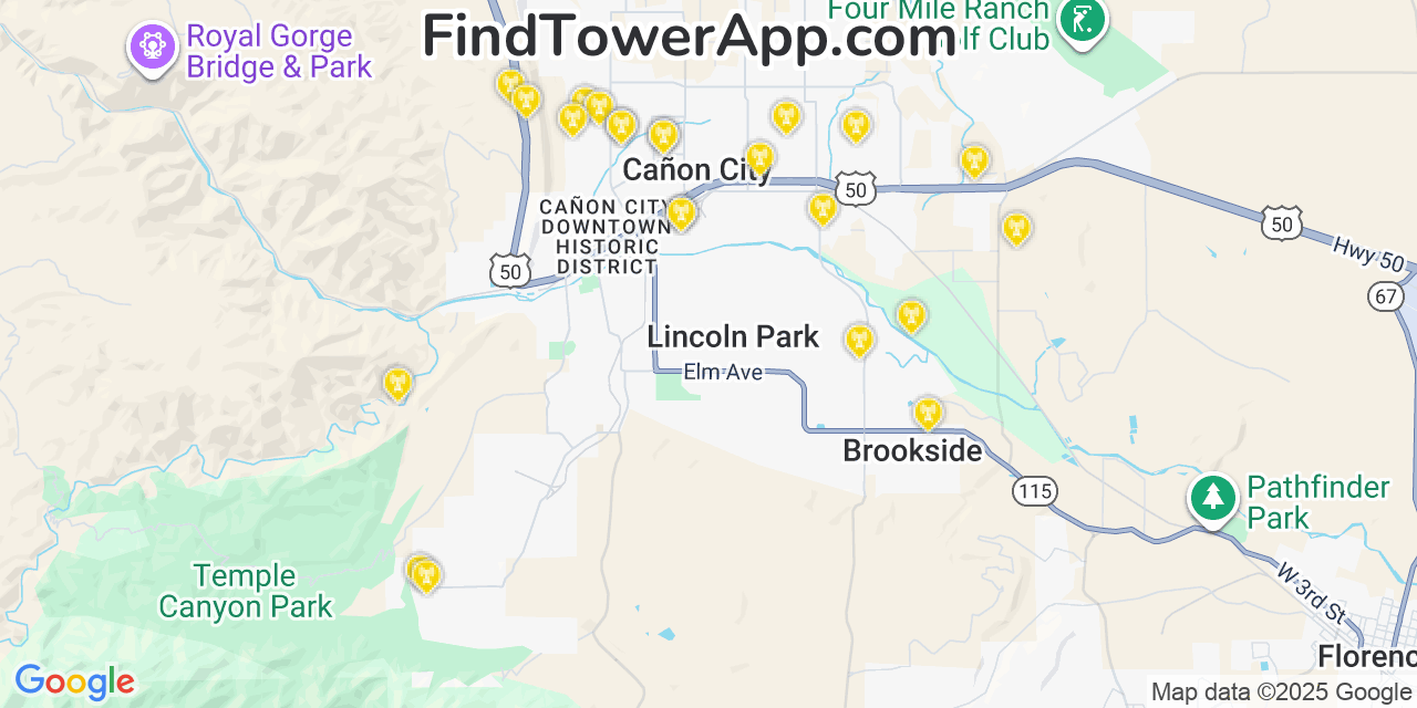Map showing the 23 primary Verizon cell tower locations detected in Cañon City, Colorado with coverage radius and signal strength indicators