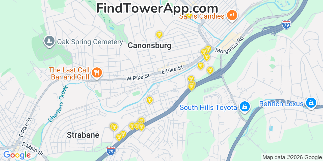 Map showing the 20 primary cell tower locations detected in Canonsburg, Pennsylvania from AT&T, Verizon, and T-Mobile networks