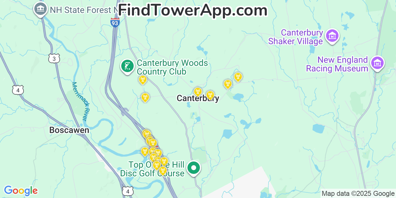 Map showing the 20 primary cell tower locations detected in Canterbury, New Hampshire from AT&T, Verizon, and T-Mobile networks