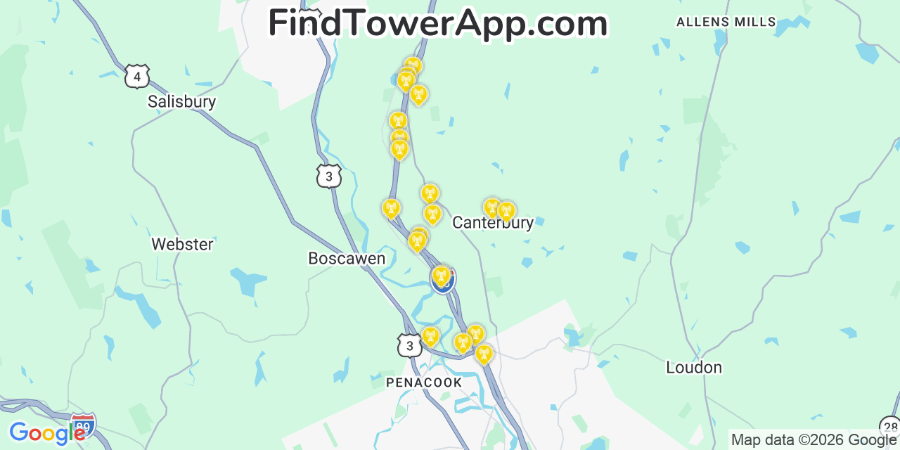 Map showing the 20 primary cell tower locations detected in Canterbury, New Hampshire from AT&T, Verizon, and T-Mobile networks