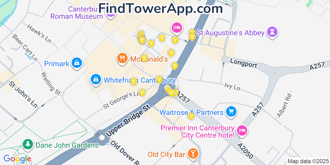 Canterbury Cell Towers, United-Kingdom - FindTower App Coverage Maps