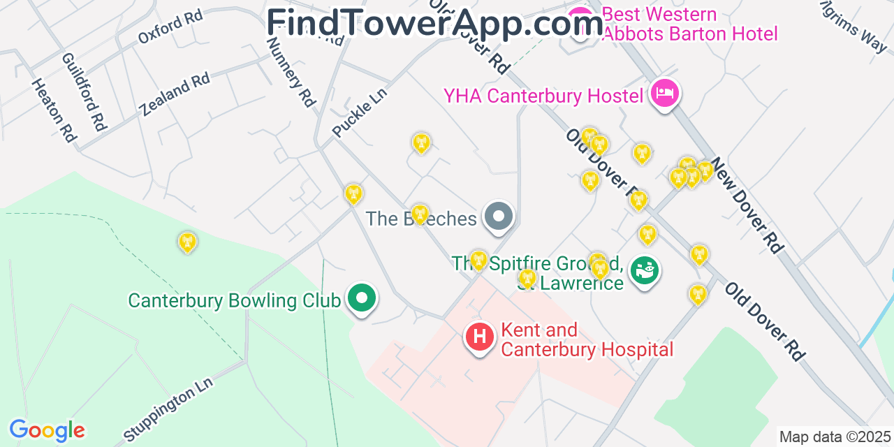 Map showing the 20 primary cell tower locations detected in Canterbury, United Kingdom with coverage areas and signal strength