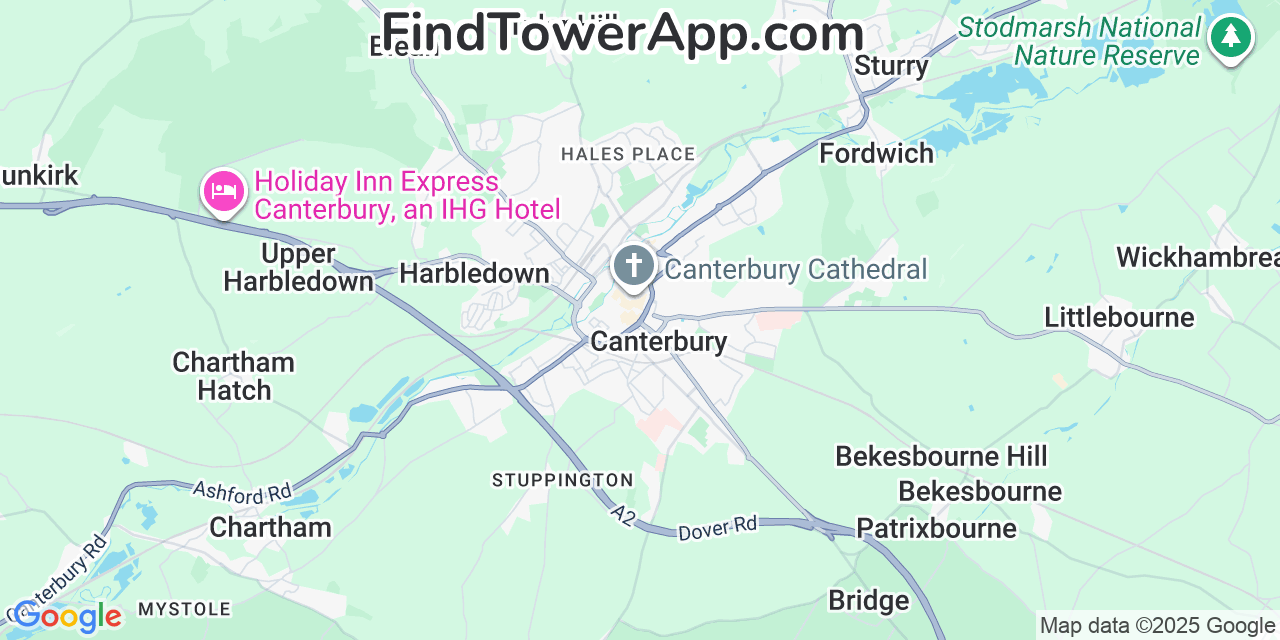 Map showing the 0 primary Talkmobile cell tower locations detected in Canterbury, United Kingdom with coverage radius and signal strength indicators