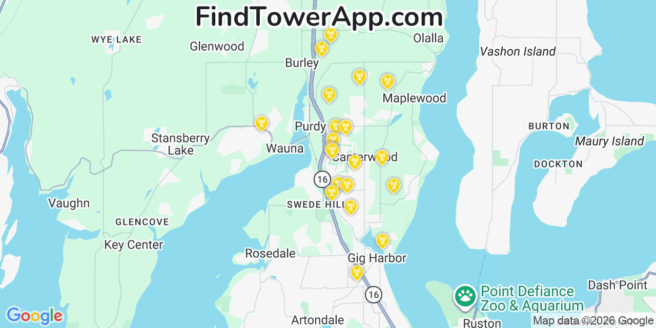 Map showing the 20 primary cell tower locations detected in Canterwood, Washington from AT&T, Verizon, and T-Mobile networks