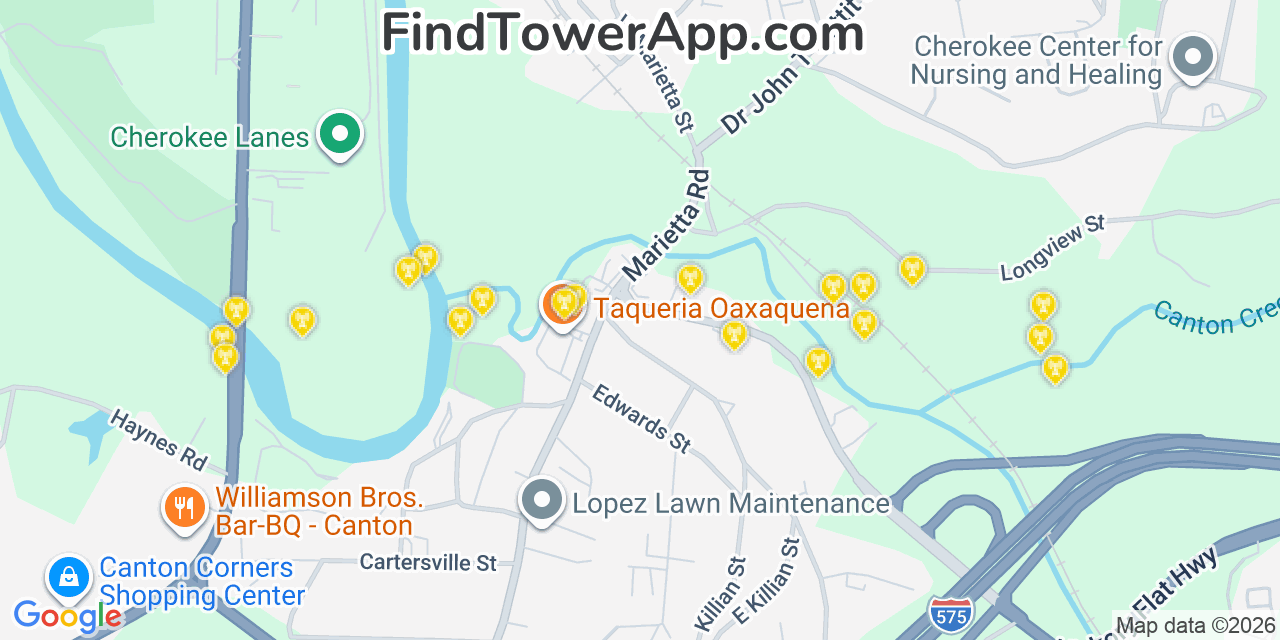 Map showing the 20 primary cell tower locations detected in Canton, Georgia from AT&T, Verizon, and T-Mobile networks