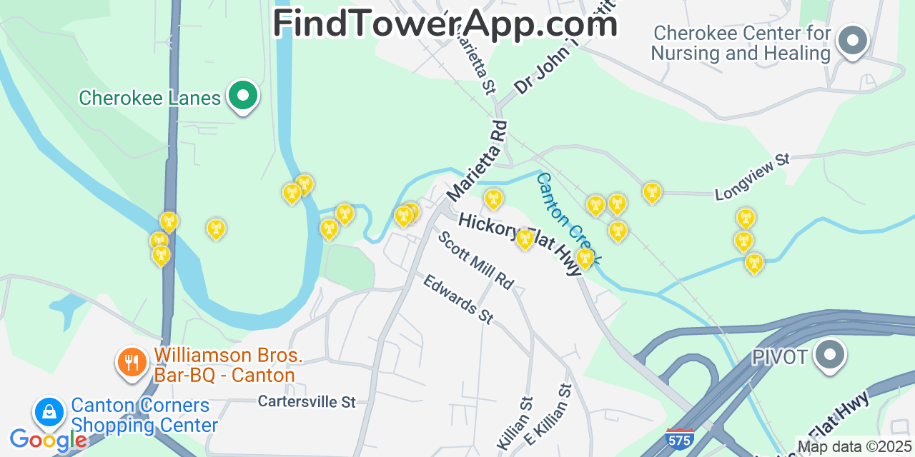 Map showing the 20 primary Mobitel cell tower locations detected in Canton, Georgia with coverage radius and signal strength indicators