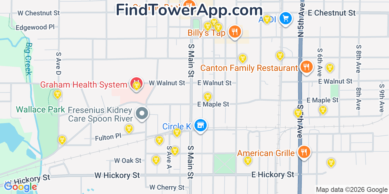 Map showing the 20 primary cell tower locations detected in Canton, Illinois from AT&T, Verizon, and T-Mobile networks