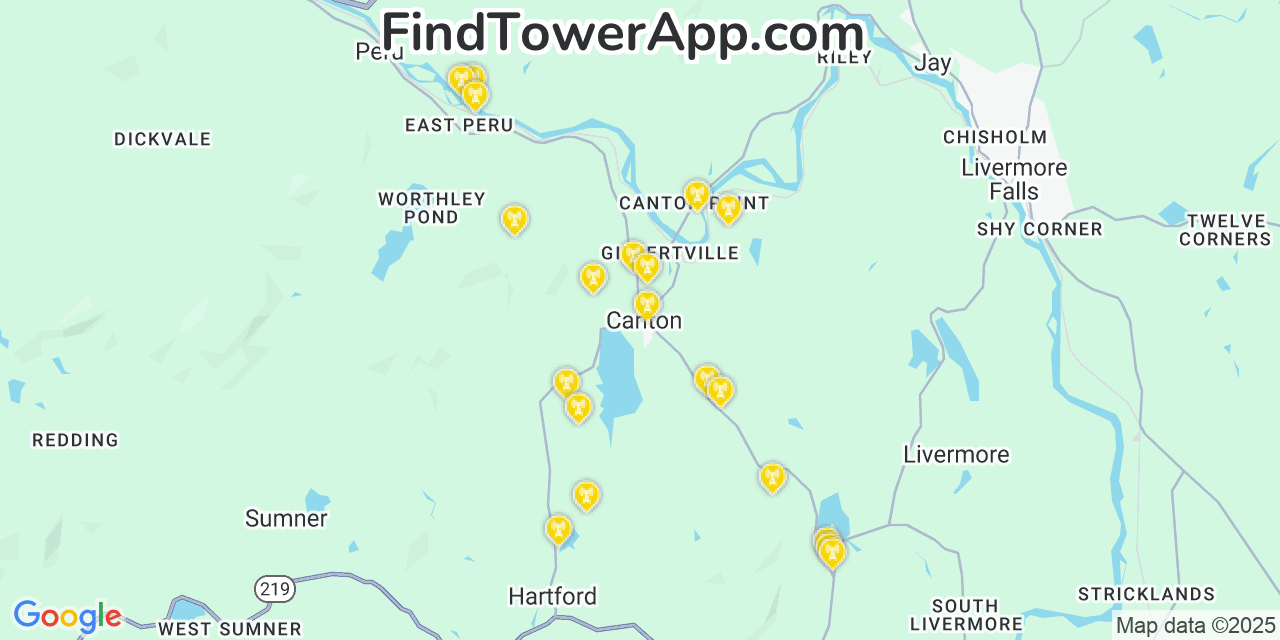 Map showing the 20 primary cell tower locations detected in Canton, Maine from AT&T, Verizon, and T-Mobile networks