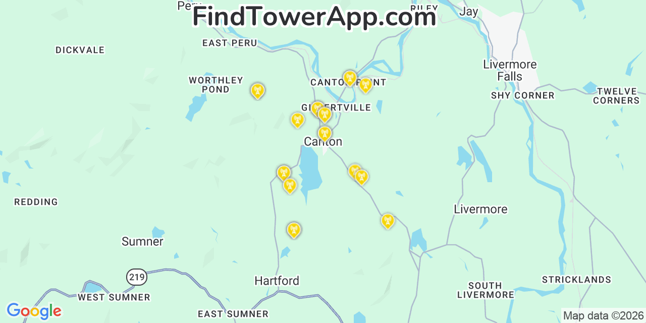 Map showing the 20 primary cell tower locations detected in Canton, Maine from AT&T, Verizon, and T-Mobile networks