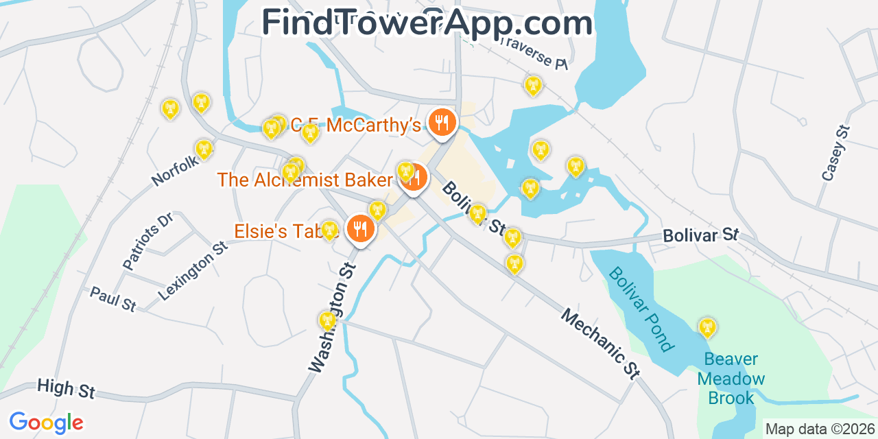 Map showing the 20 primary cell tower locations detected in Canton, Massachusetts from AT&T, Verizon, and T-Mobile networks