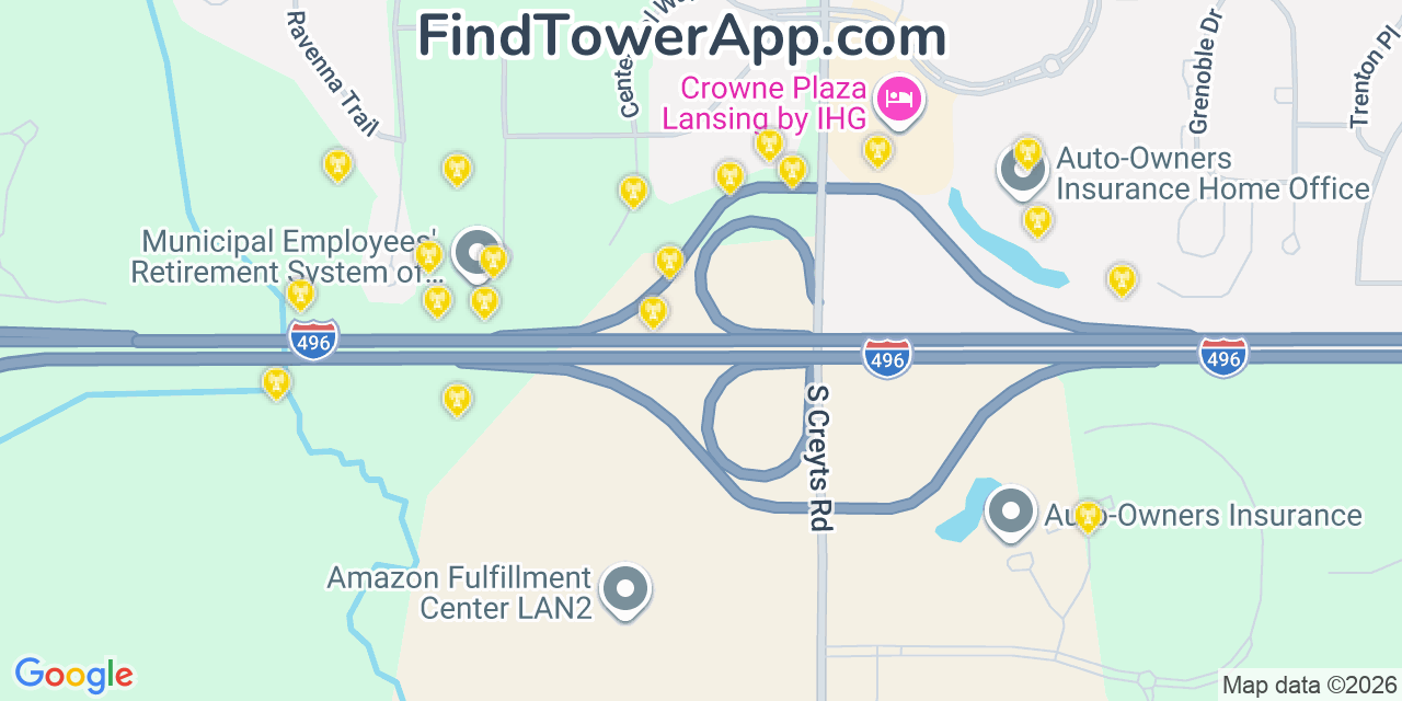 Map showing the 20 primary cell tower locations detected in Canton, Michigan from AT&T, Verizon, and T-Mobile networks