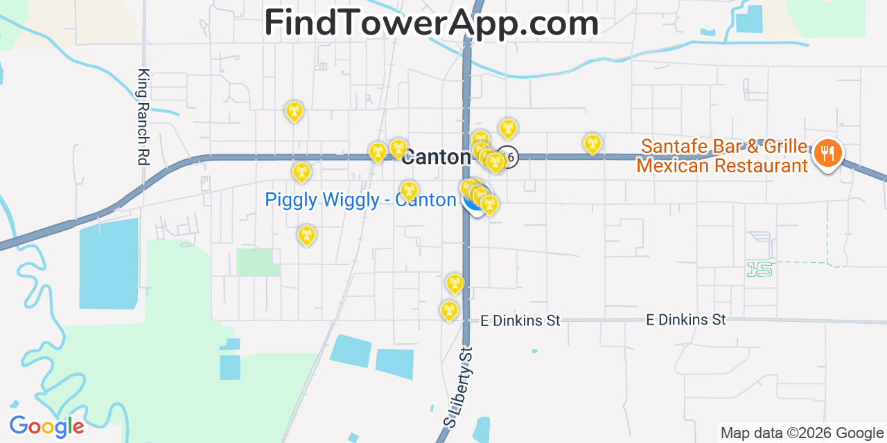 Map showing the 20 primary cell tower locations detected in Canton, Mississippi from AT&T, Verizon, and T-Mobile networks