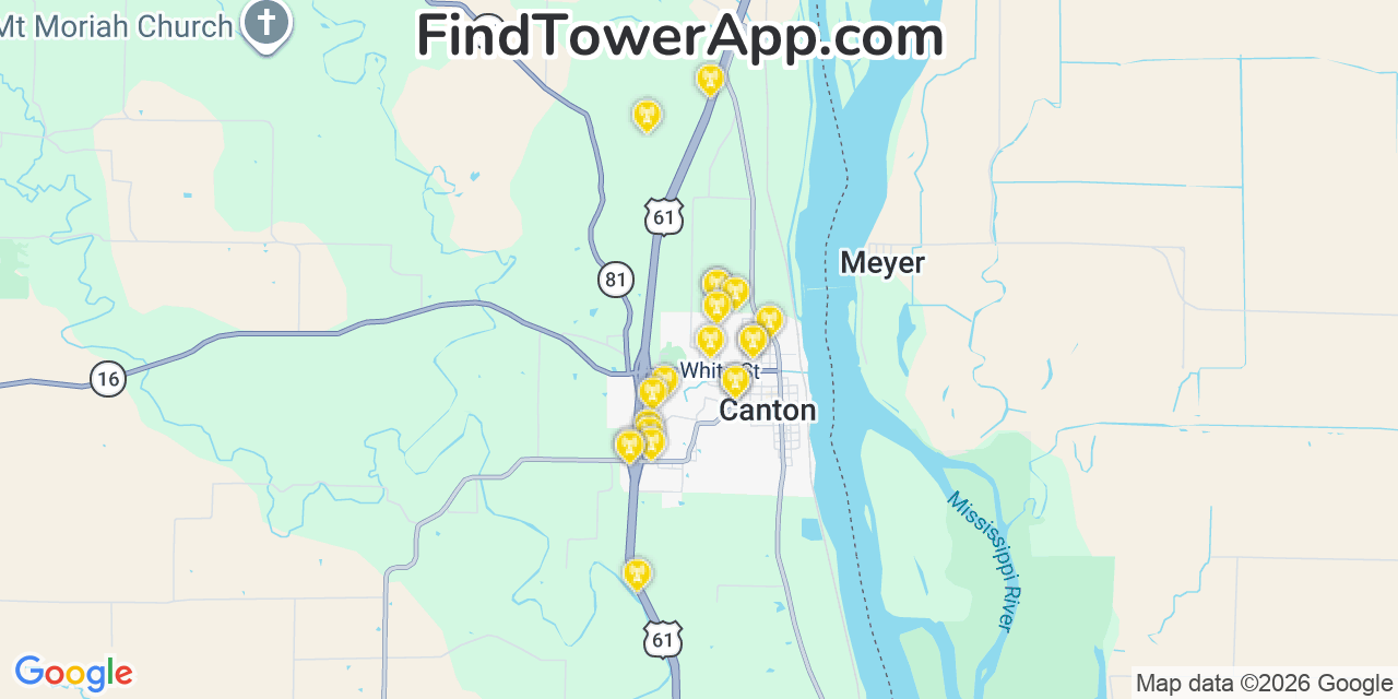 Map showing the 20 primary cell tower locations detected in Canton, Missouri from AT&T, Verizon, and T-Mobile networks