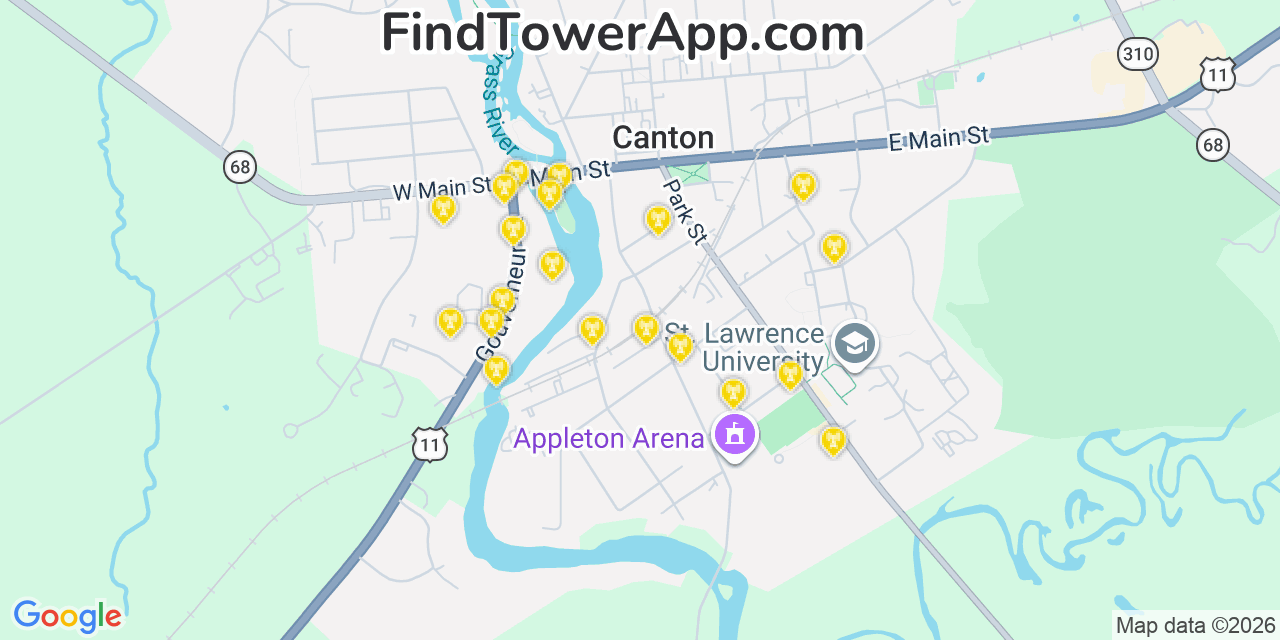 Map showing the 20 primary cell tower locations detected in Canton, New York from AT&T, Verizon, and T-Mobile networks