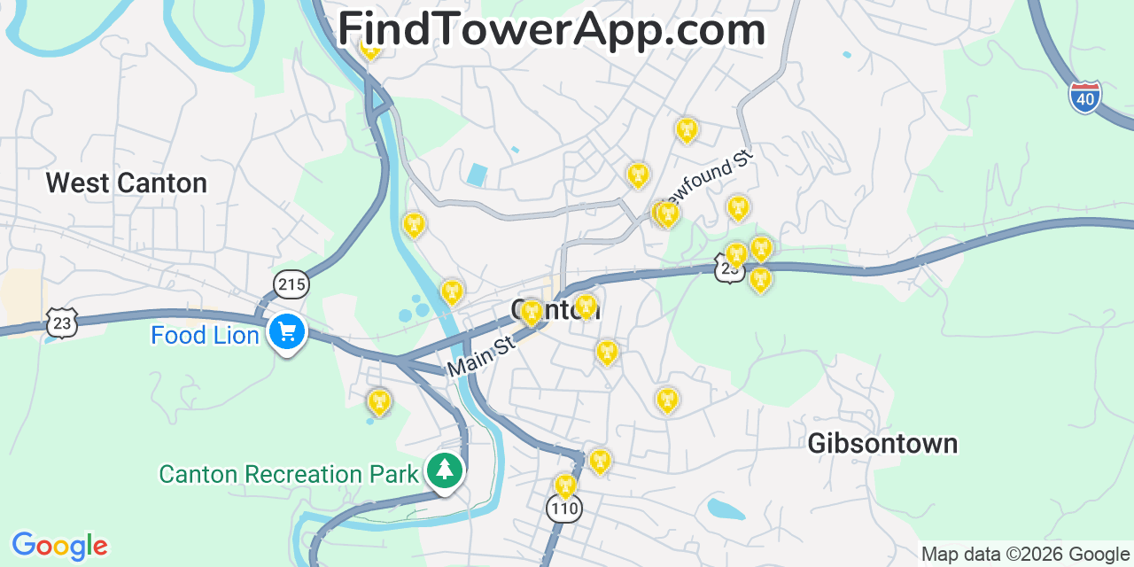 Map showing the 20 primary cell tower locations detected in Canton, North Carolina from AT&T, Verizon, and T-Mobile networks