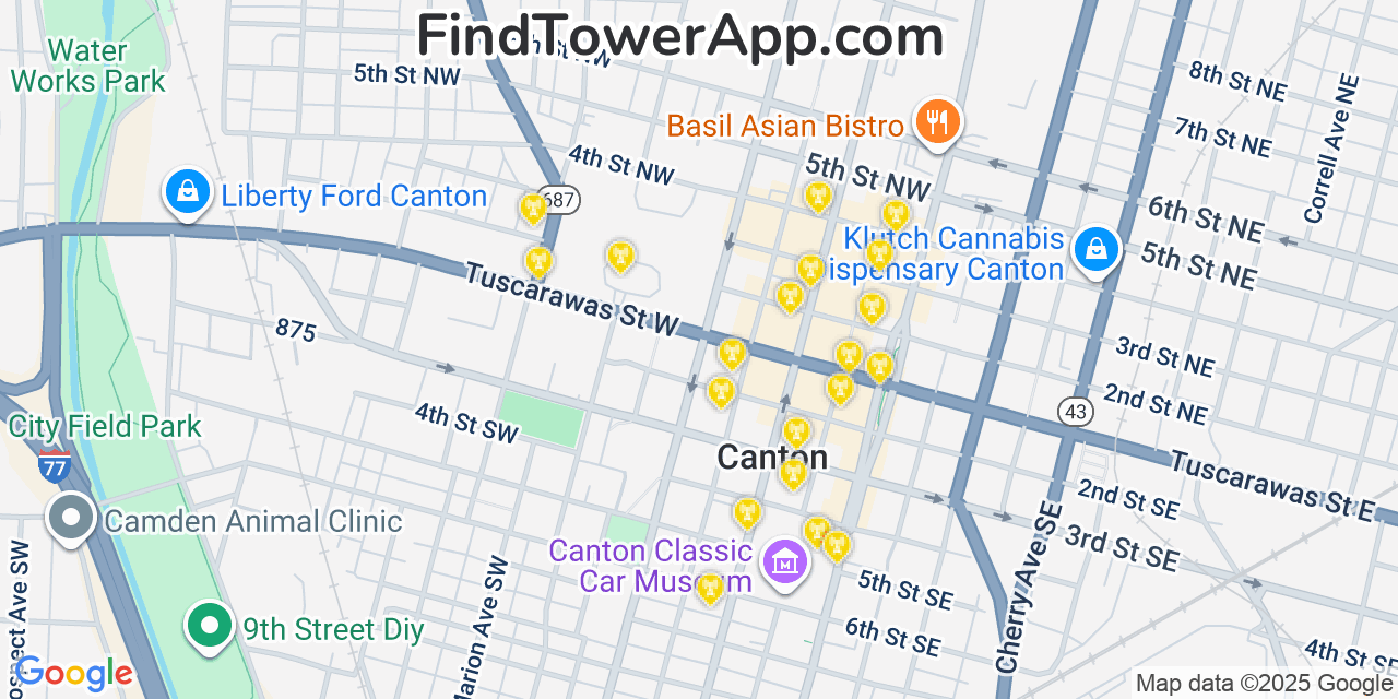 Map showing the 20 primary cell tower locations detected in Canton, Ohio from AT&T, Verizon, and T-Mobile networks