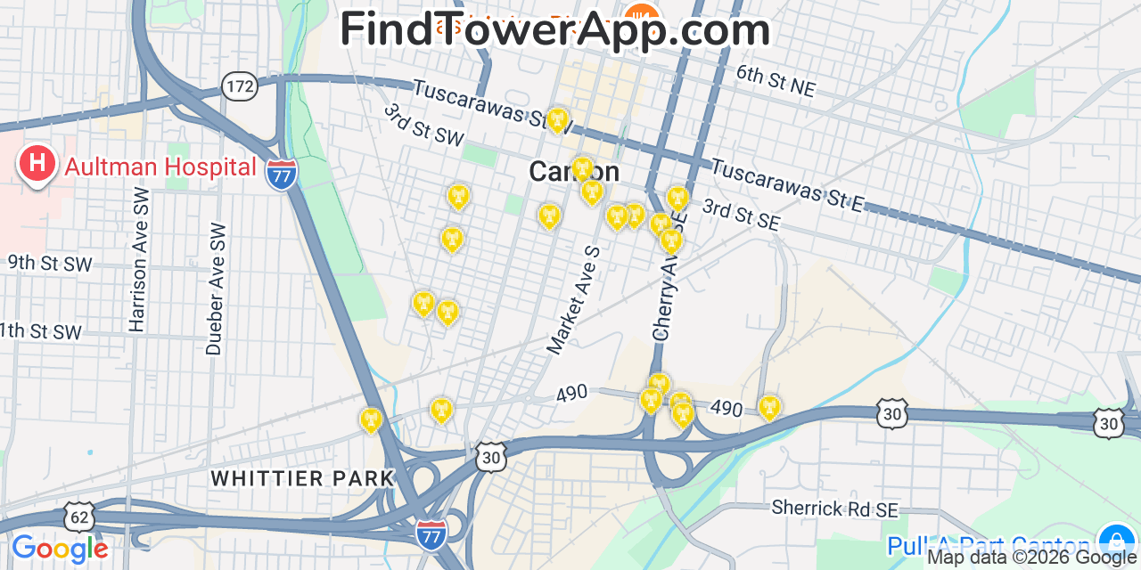 Map showing the 20 primary cell tower locations detected in Canton, Ohio from AT&T, Verizon, and T-Mobile networks