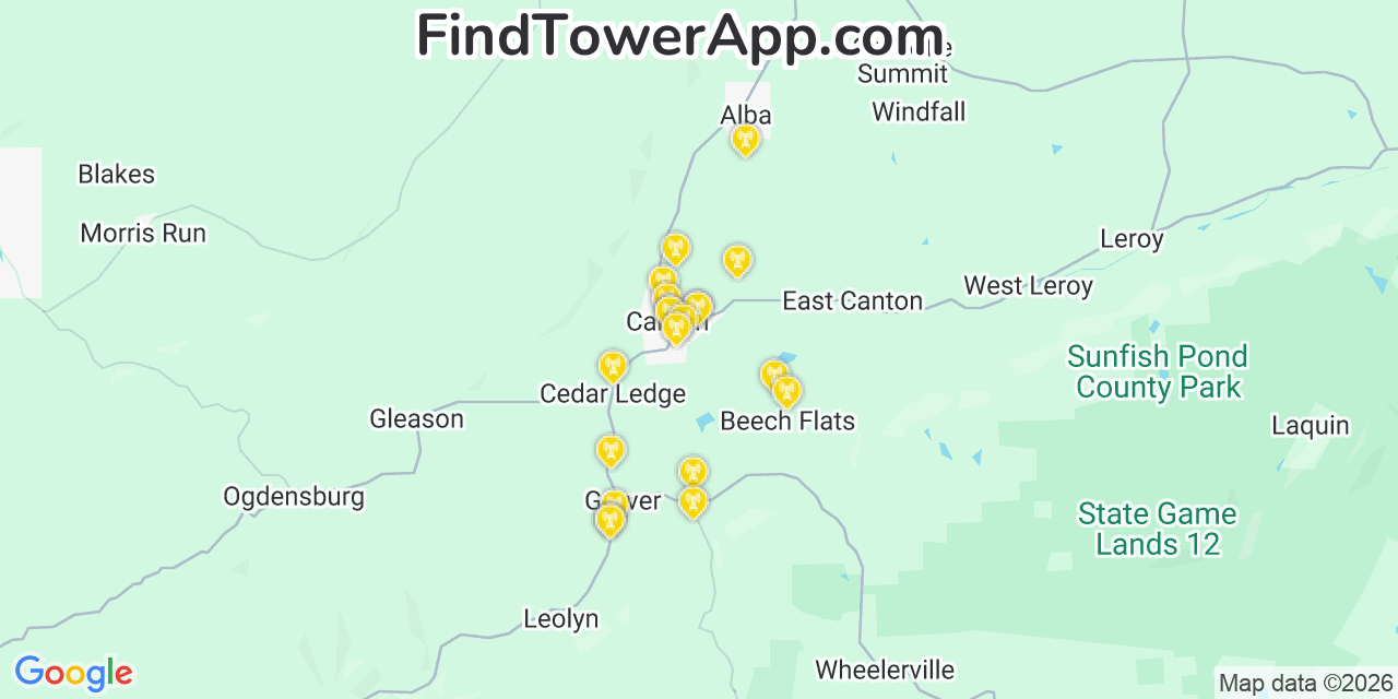 Map showing the 20 primary cell tower locations detected in Canton, Pennsylvania from AT&T, Verizon, and T-Mobile networks