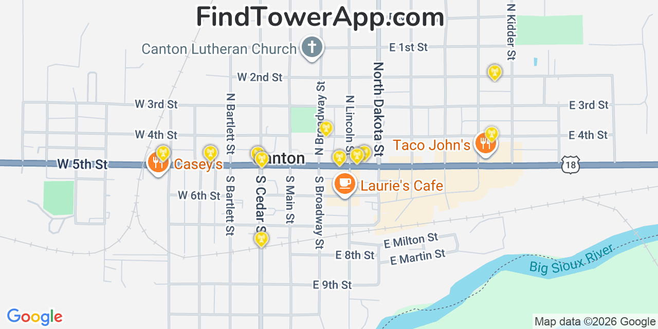 Map showing the 20 primary cell tower locations detected in Canton, South Dakota from AT&T, Verizon, and T-Mobile networks