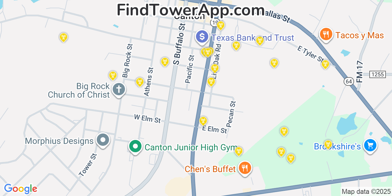 Map showing the 20 primary cell tower locations detected in Canton, Texas from AT&T, Verizon, and T-Mobile networks