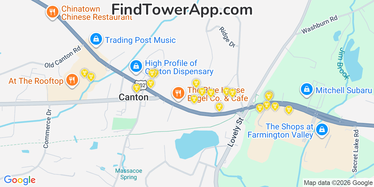 Map showing the 20 primary cell tower locations detected in Canton Valley, Connecticut from AT&T, Verizon, and T-Mobile networks