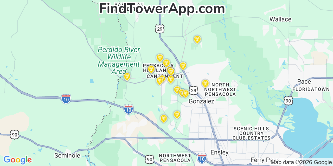 Map showing the 20 primary cell tower locations detected in Cantonment, Florida from AT&T, Verizon, and T-Mobile networks