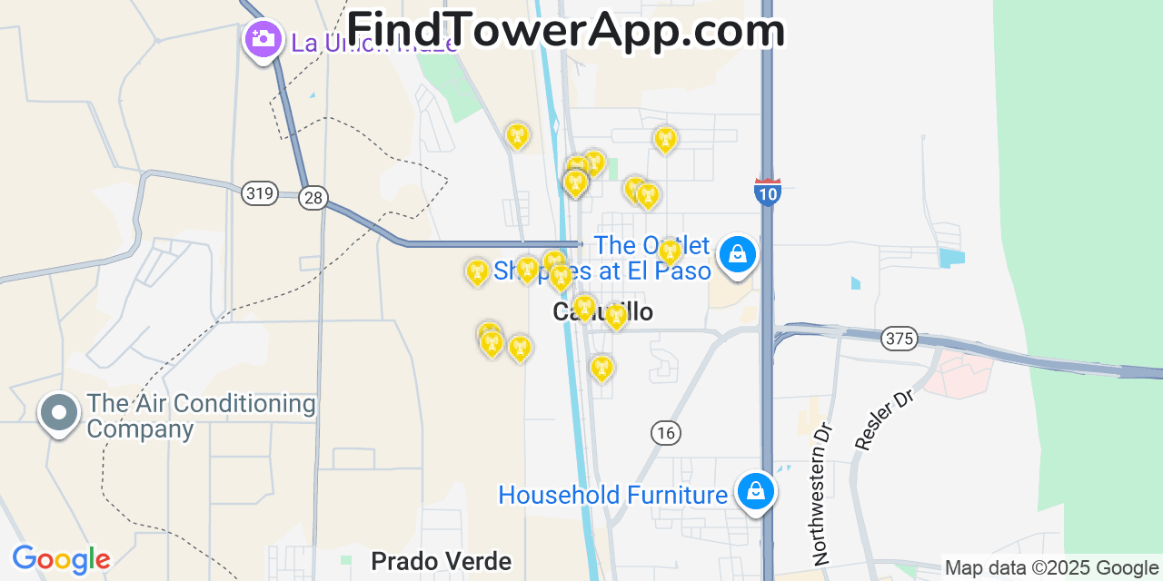 Map showing the 20 primary cell tower locations detected in Canutillo, Texas from AT&T, Verizon, and T-Mobile networks