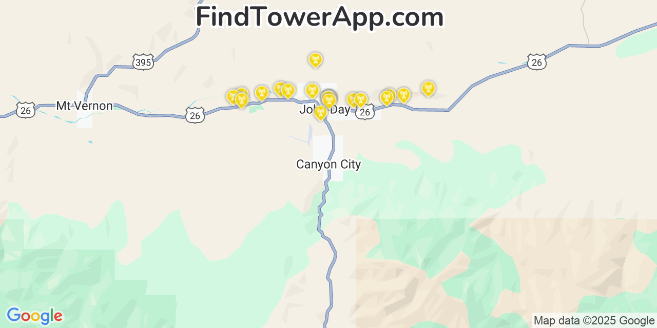 Map showing the 20 primary cell tower locations detected in Canyon City, Oregon from AT&T, Verizon, and T-Mobile networks
