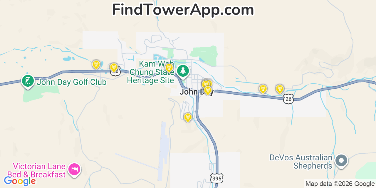Map showing the 20 primary cell tower locations detected in Canyon City, Oregon from AT&T, Verizon, and T-Mobile networks