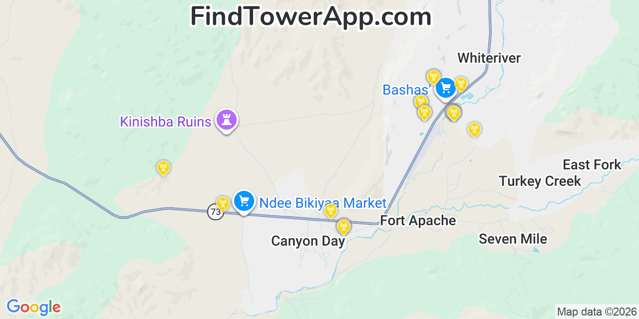 Map showing the 20 primary cell tower locations detected in Canyon Day, Arizona from AT&T, Verizon, and T-Mobile networks