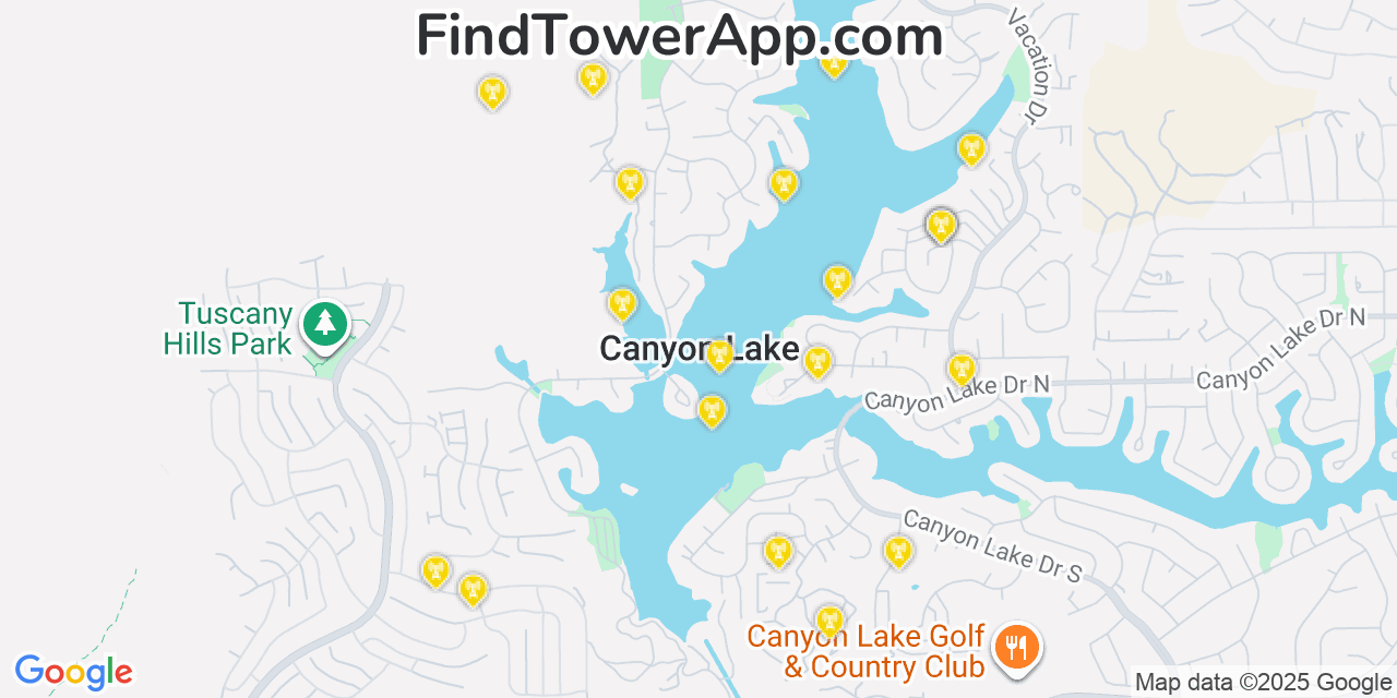 Map showing the 20 primary cell tower locations detected in Canyon Lake, California from AT&T, Verizon, and T-Mobile networks