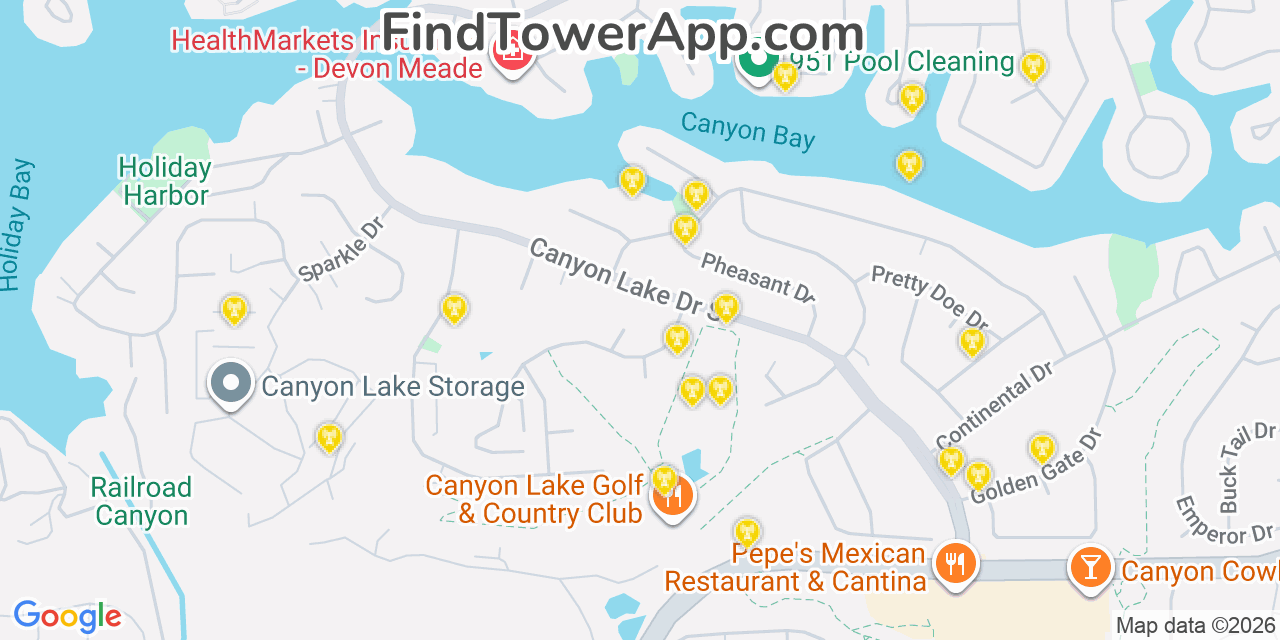 Map showing the 20 primary cell tower locations detected in Canyon Lake, California from AT&T, Verizon, and T-Mobile networks