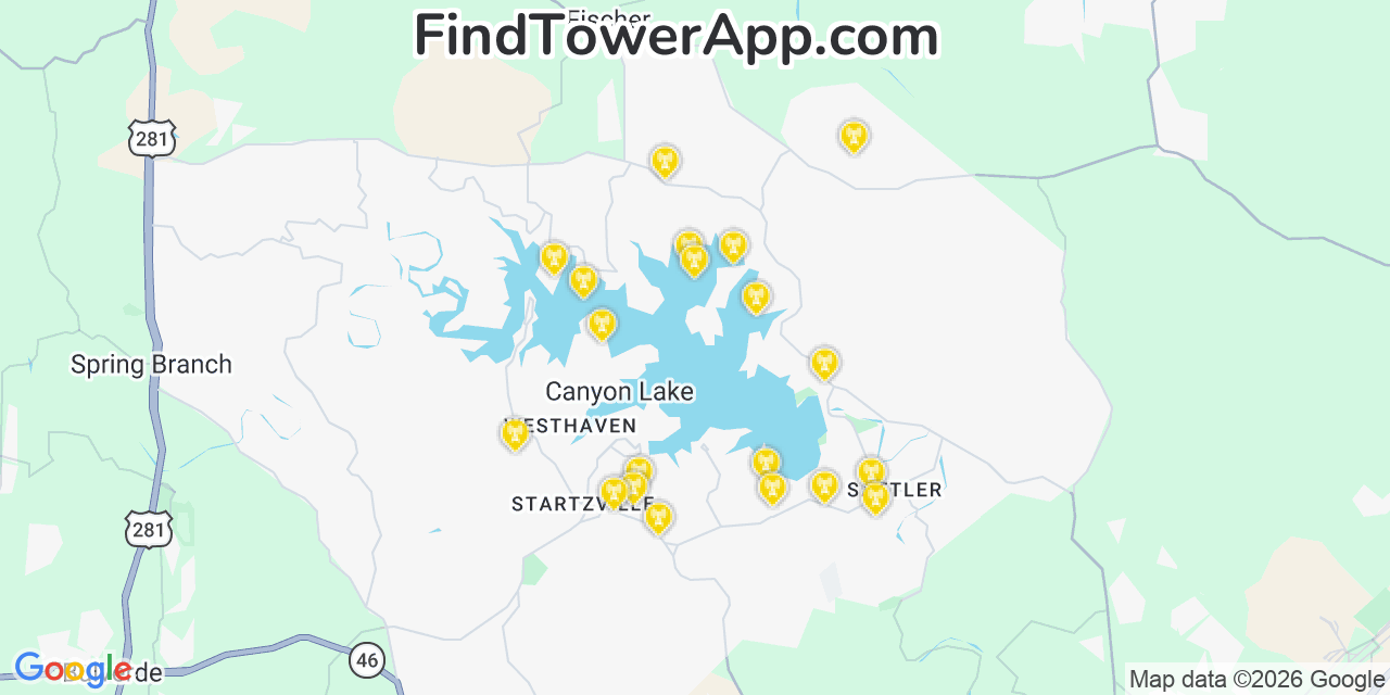 Map showing the 20 primary cell tower locations detected in Canyon Lake, Texas from AT&T, Verizon, and T-Mobile networks