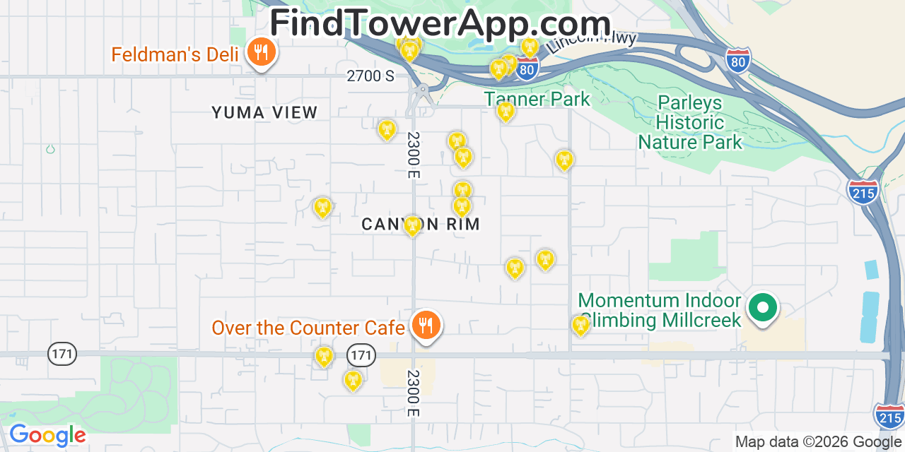 Map showing the 20 primary cell tower locations detected in Canyon Rim, Utah from AT&T, Verizon, and T-Mobile networks