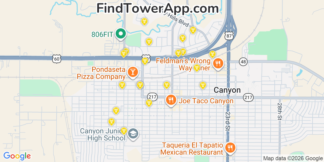 Map showing the 20 primary cell tower locations detected in Canyon, Texas from AT&T, Verizon, and T-Mobile networks