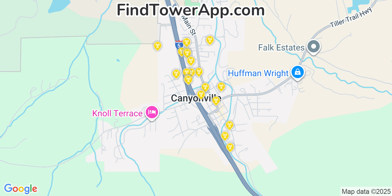 Map showing the 20 primary cell tower locations detected in Canyonville, Oregon from AT&T, Verizon, and T-Mobile networks