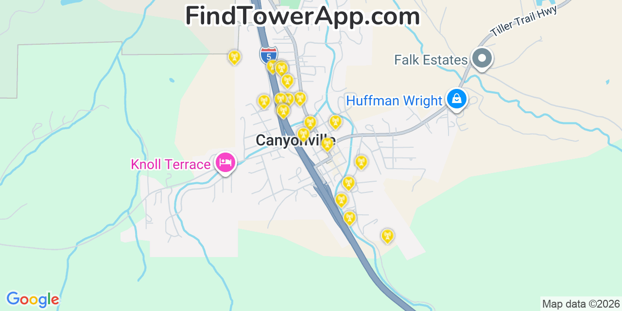 Map showing the 20 primary cell tower locations detected in Canyonville, Oregon from AT&T, Verizon, and T-Mobile networks