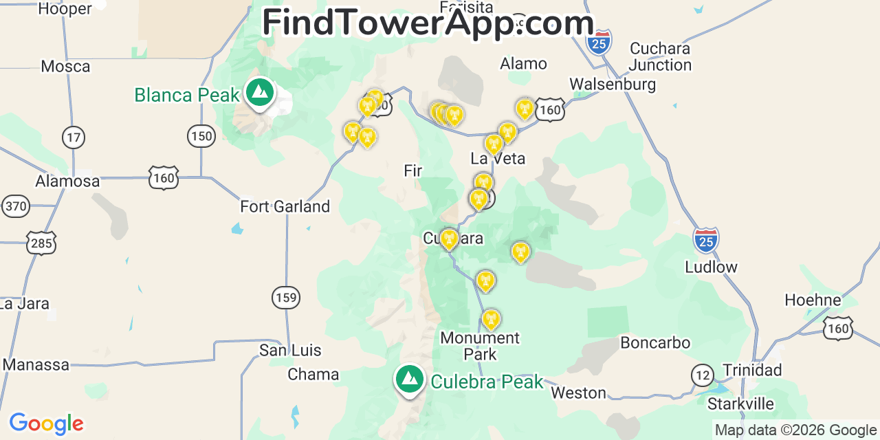 Map showing the 34 primary AT&T cell tower locations detected in Caon City, Colorado with coverage radius and signal strength indicators