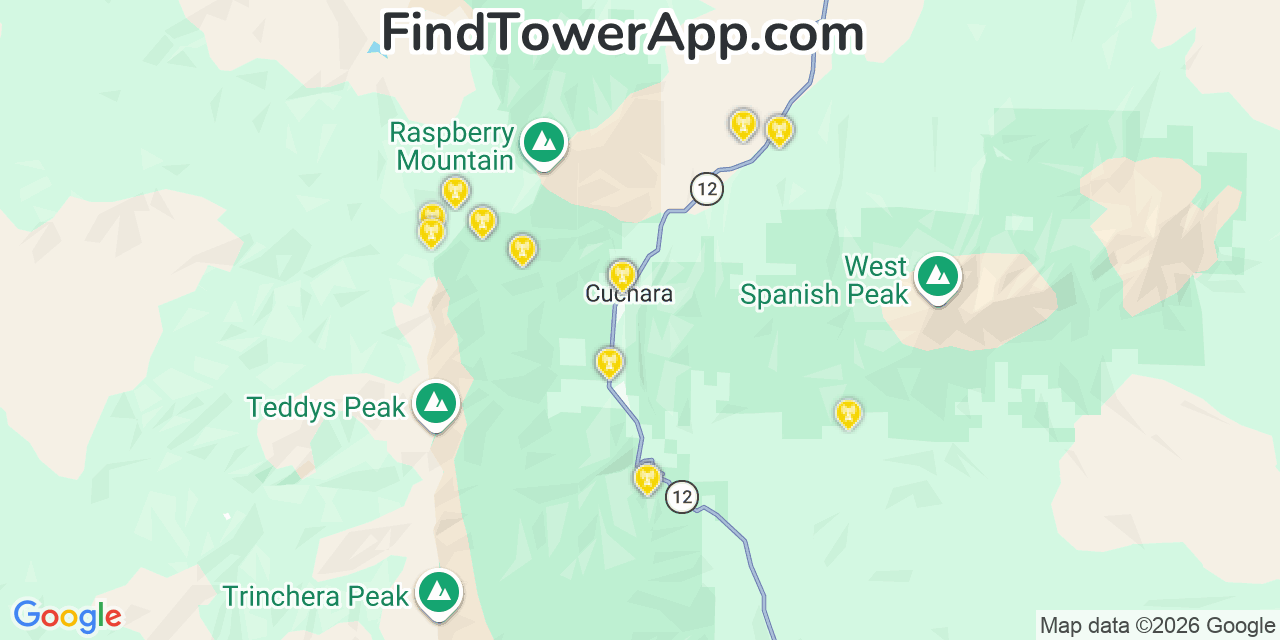 Map showing the 20 primary cell tower locations detected in Caon City, Colorado from AT&T, Verizon, and T-Mobile networks