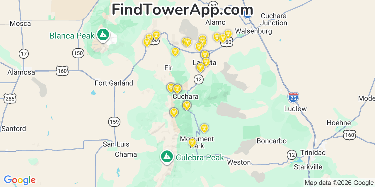 Map showing the 38 primary T-Mobile cell tower locations detected in Caon City, Colorado with coverage radius and signal strength indicators
